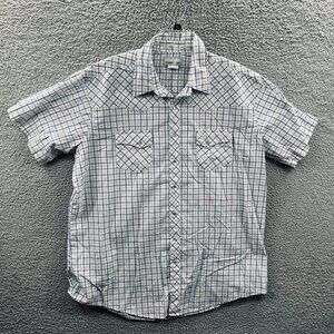Wrangler Mens Western Shirt 2XL White Blue Plaid Pearl Snap Short Sleeve Pockets